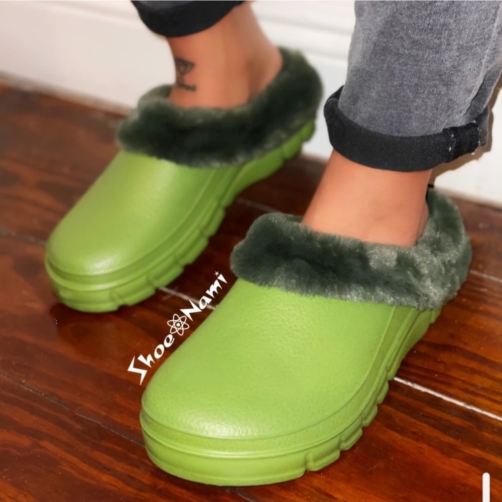 Women's Green Plush Mules